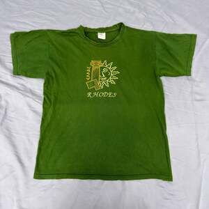 Vintage TRIBAL SUN Rhodes Men’s T-Shirt SIZE Small Embroidered GREEN YELLOW